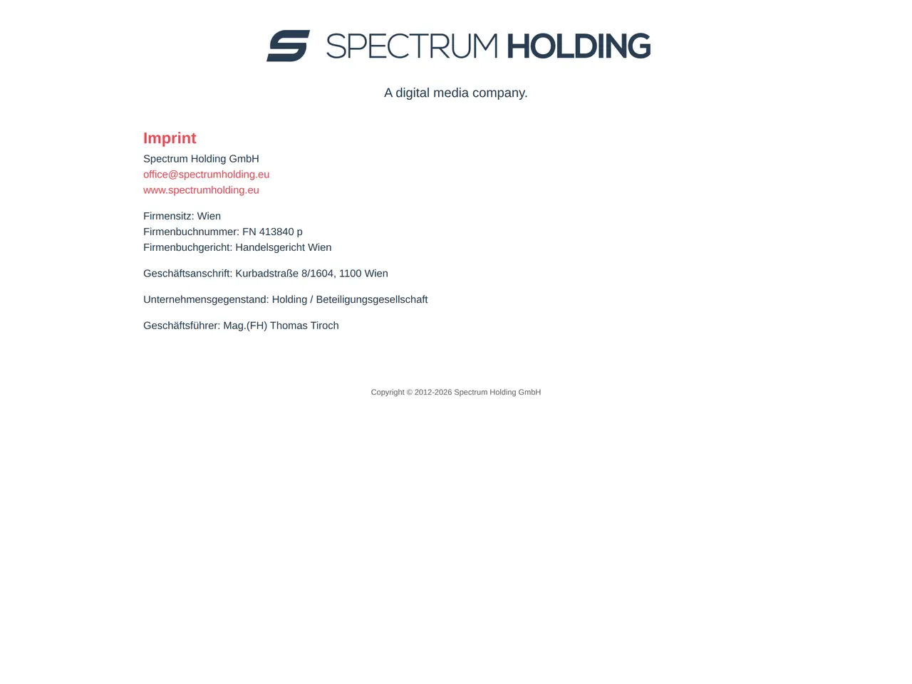 The old Spectrum Holding website: a logo, one sentence and an imprint block on a white page.