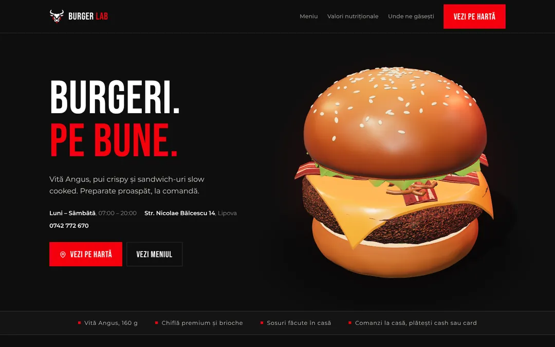 Burger Lab website after the change: a 3d burger on the homepage
