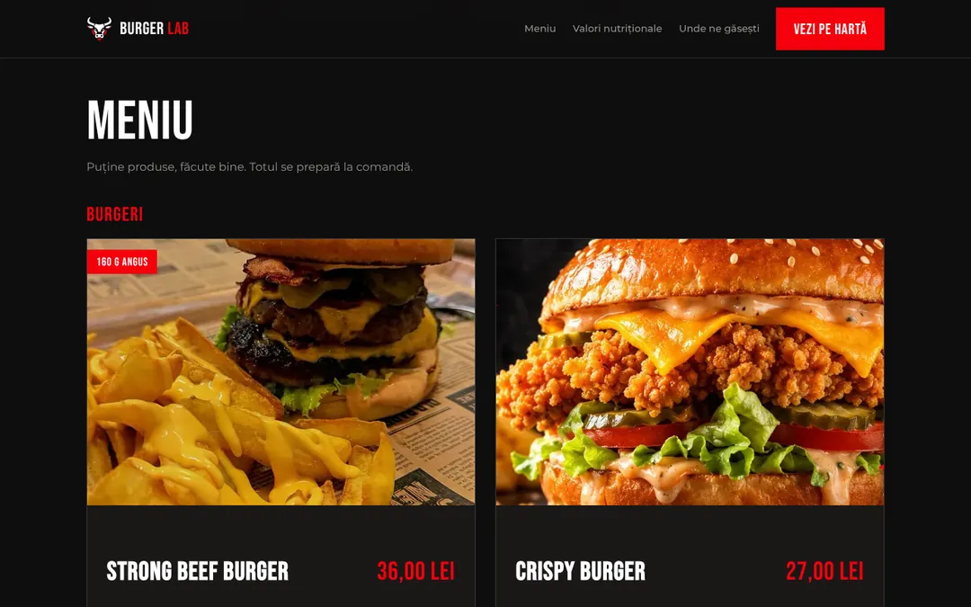 Burger Lab website after the change: new prices and a new dish photo