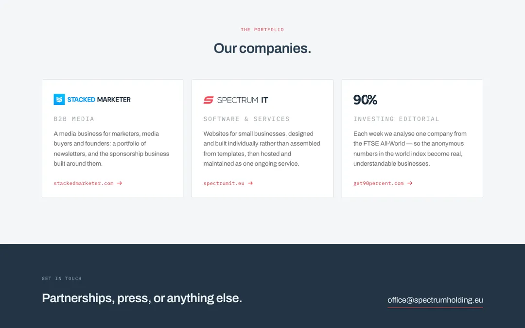 Spectrum Holding website after the change: a new company in the portfolio