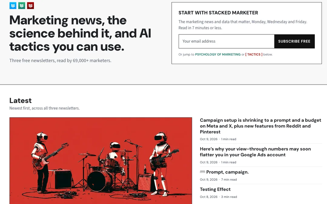 STACKED MARKETER website after the change: every button in a new colour