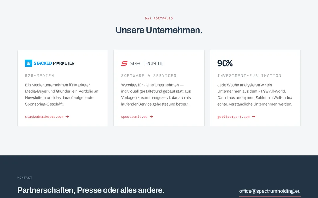 Spectrum-Holding-Website nach der Änderung: ein neues Unternehmen im Portfolio
