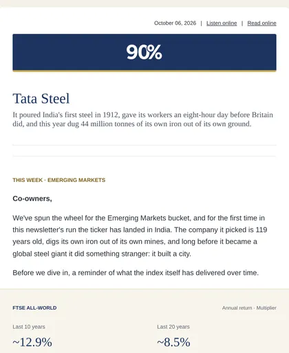A 90 Percent email with the navy masthead and the index returns box