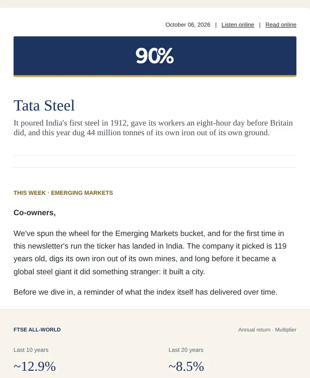 A 90 Percent email issue with the navy masthead and the index returns box